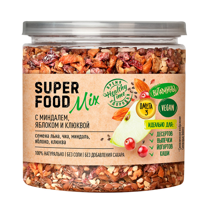 Superfood mix Смесь семян с миндалем яблоком и клюквой 260г Банка крышка-ключ Царская приправа