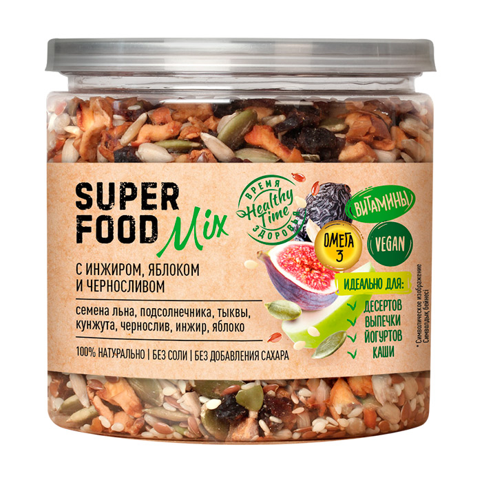 Superfood mix Смесь семян с инжиром яблоком и черносливом 270г Банка крышка-ключ Царская приправа