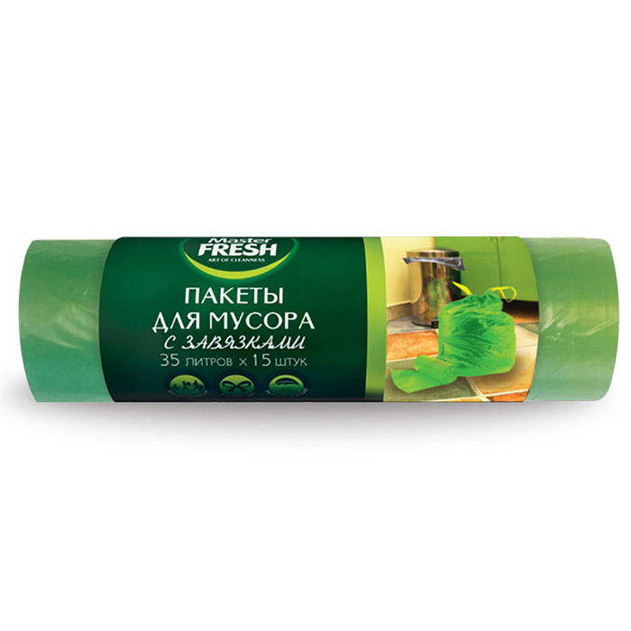 Пакеты для мусора с завязками 35л 15шт зеленые Master Fresh 