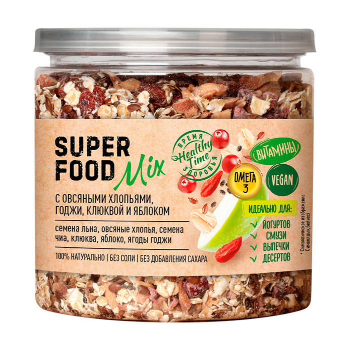 Superfood mix Смесь семян с овсяными хлопьями годжи клюквой и яблоком 250г Банка крышка-ключ Царская