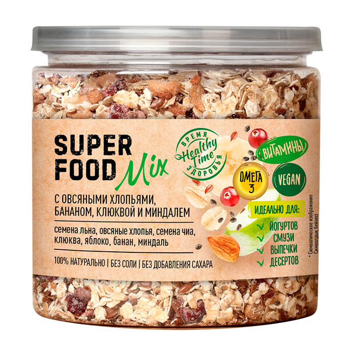 Superfood mix Смесь семян с овсяными хлопьями бананом клюквой и миндалем 250г Банка крышка-ключ