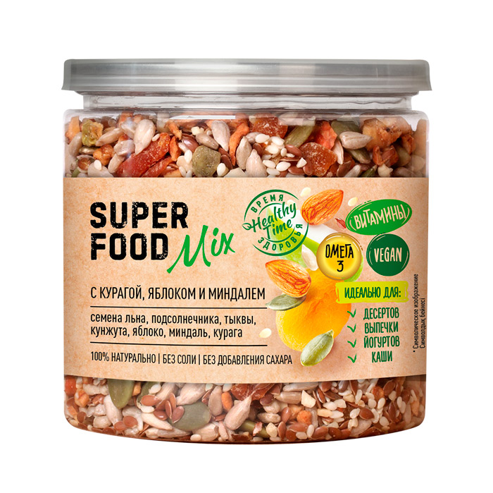 Superfood mix Смесь семян с курагой яблоком и миндалем 270г Банка крышка-ключ Царская приправа